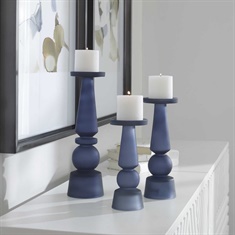 Cassiopeia Blue Glass Candleholders, S/3