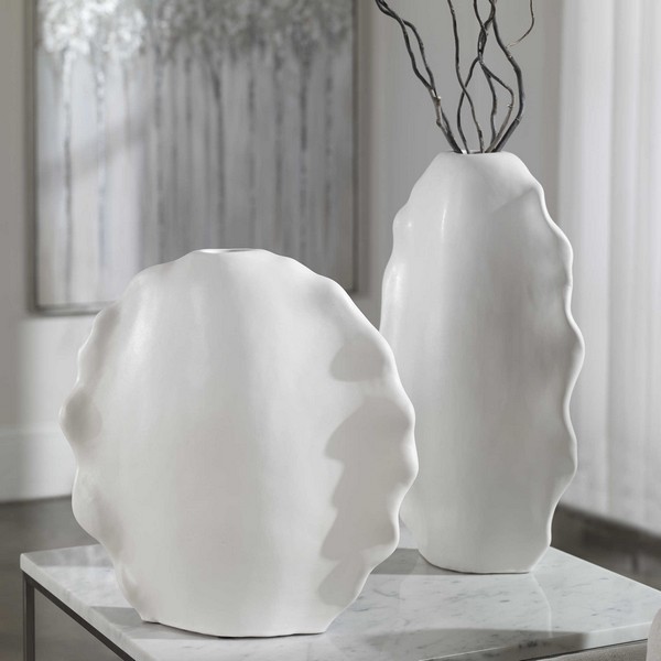 Ruffled Feathers Modern White Vases, S/2